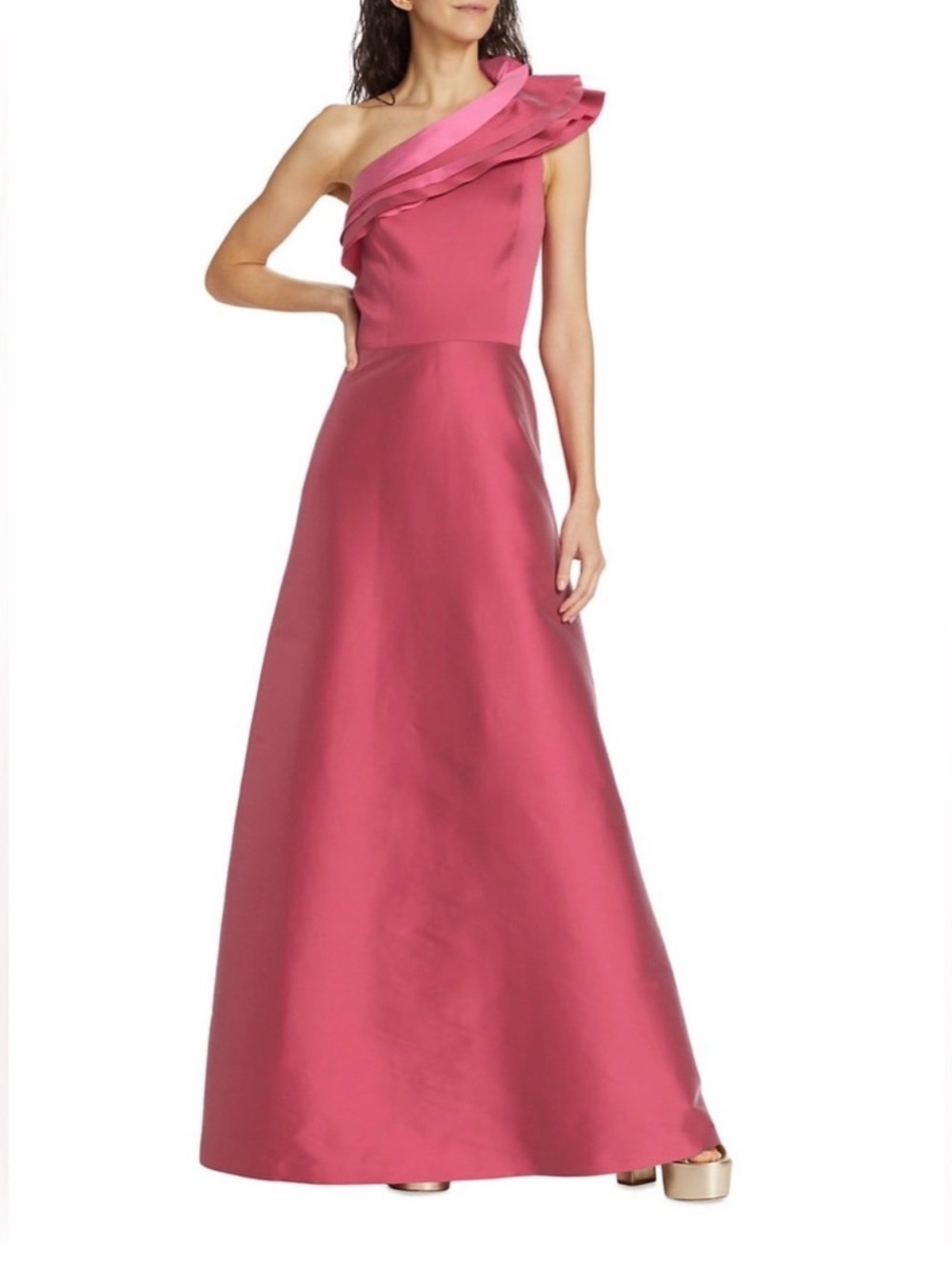 NWT Rickie Freeman for Teri Jon One-Shoulder Pink & Coral A-Line Gown Size 8